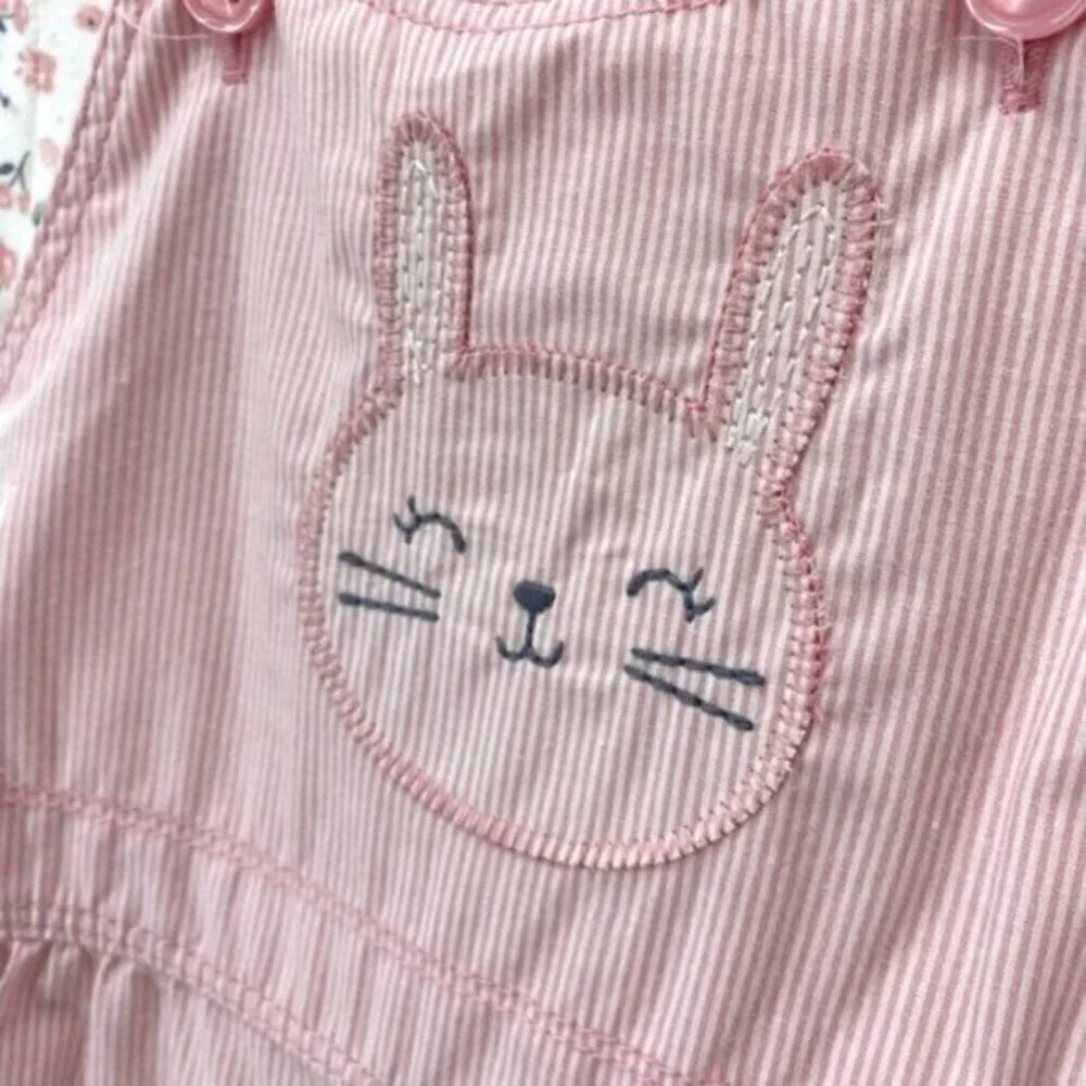 Carters Girls Pink Bunny Rabbit Overalls And Floral Top Set New